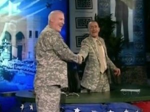 Poster for Stephen broadcasts from Iraq, Command Sgt. Major Frank Grippe